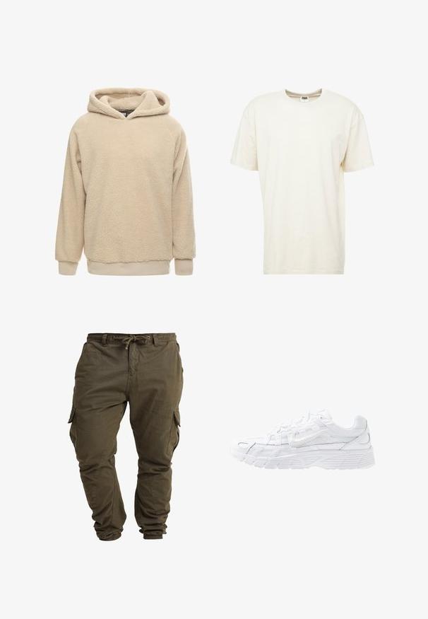 Beige fleece hoodie med en tekstureret overflade, stor hætte og ribbede manchetter og kant. Har en afslappet pasform og lange ærmer.; T-shirt med korte ærmer og rund hals i lys cremefarve. Fremstillet af blødt bommateriale med en afslappet pasform og minimale sømme.; Olivenfarvede cargo-bukser lavet af blød bomuld, med justerbar taljesnor, elastiske cuffs og sidelommer.; Nike Sportswear P 6000 UNISEX - Sneakers - white/platinum tint