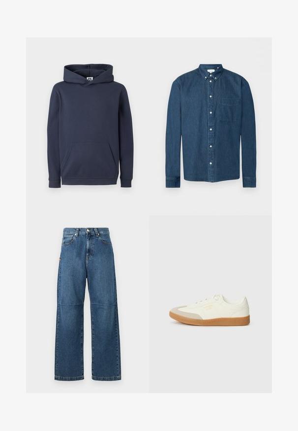 Dunkelblaues Kapuzensweatshirt aus Baumwollmischung, mit einer vorderen Kängurutasche sowie gerippten Bündchen und Saum. Glatte Textur.; Knopfbares dunkelblaues Denim-Hemd mit langen Ärmeln, einer Brusttasche links und einem Button-Down-Kragen, dargestellt vor weißem Hintergrund.; Blaue Jeans aus Denim mit entspannter Passform, geraden Beinen, sichtbarem Nähen und einem vorderen Knopfverschluss. Verfügt über eine Seitentasche mit einem Akzent.; Sneaker aus weißem Leder mit einer beigen Zehenkappe und leichter brauner Gummisohle. Verfügt über flache weiße Schnürsenkel und geprägtes Branding an der Seite.