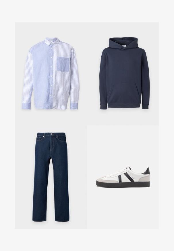 Sweatshirt à capuche bleu marine en tissu mélangé de coton, avec une poche kangourou à l'avant et des poignets et un ourlet côtelés. Texture lisse.; Chemise bleu et blanc à manches longues boutonnée avec rayures verticales, directions des rayures contrastées de chaque côté et une poche poitrine devant.; Jean en denim bleu foncé avec une coupe droite, cinq poches et des coutures visibles. Possède un bouton de fermeture et des passants de ceinture.; Baskets blanches avec des accents noirs et gris, présentant un embout texturé gris, une semelle en caoutchouc noir et des lacets plats blancs. Design épuré, style minimaliste.