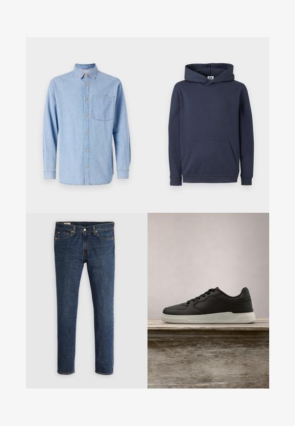 Dunkelblaues Kapuzensweatshirt aus Baumwollmischung, mit einer vorderen Kängurutasche sowie gerippten Bündchen und Saum. Glatte Textur.; Helles blaues Denimhemd mit Button-Down-Kragen, langen Ärmeln und einer einzelnen Brusttasche. Mit braunen Knopf-Details und kontrastierenden Nähten.; Dunkelblaue Denim-Jeans mit geradem Bein. Ausgestattet mit Reißverschluss, fünf Taschen und kontrastierenden orangefarbenen Nähten.; Schwarzer Sneaker mit weißer Sohle, der über einer hölzernen Bank schwebt, mit grünen Blättern im unscharfen Hintergrund.