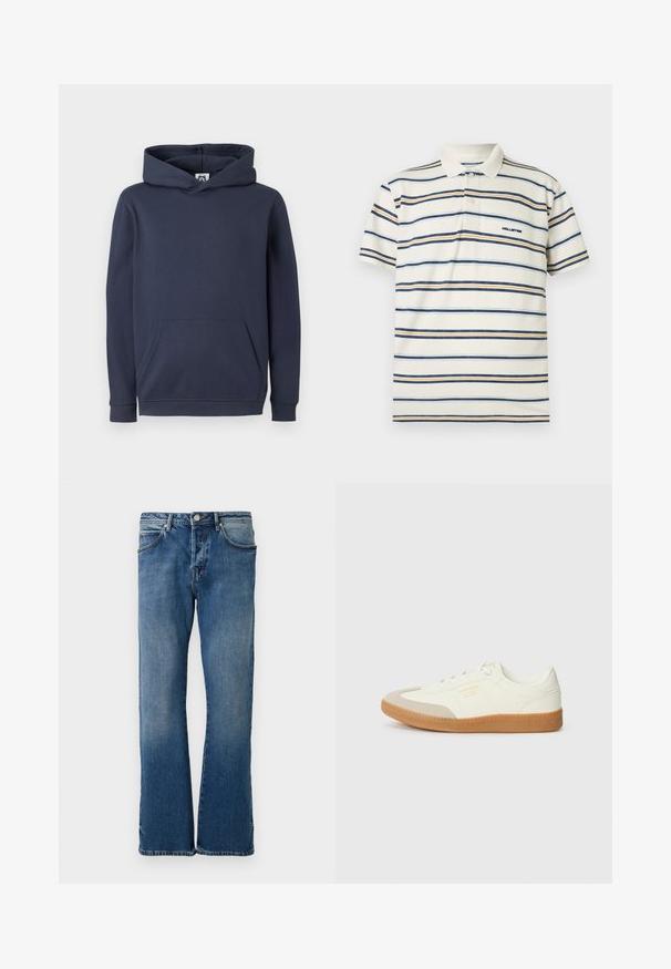 Navy blauwe hoodie gemaakt van een katoenmengsel, voorzien van een voorkant kangaroo zak en ribgebreide manchetten en zoom. Glad van textuur.; Pique poloshirt in crème met horizontale blauwe en oranje strepen. Voorzien van een kraag, een drieknopensluiting en een geborduurd logo.; Lichtblauwe denim jeans met een rechte pijpontwerp, voorzien van vijf zakken, een knoopsluiting en subtiele vervagingen op de stof.; Schoen gemaakt van wit leer met een beige teenkap en een lichtbruine rubberen zool. Voorzien van platte witte veters en reliëfbranding aan de zijkant.
