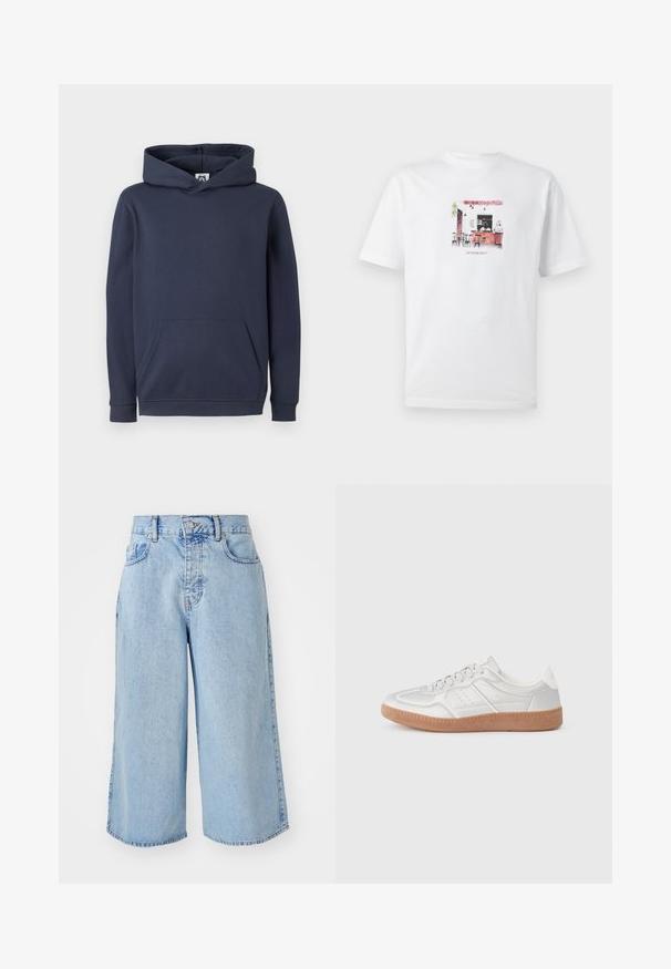Sudadera con capucha de color azul marino, confeccionada en una mezcla de algodón, cuenta con un bolsillo frontal tipo canguro y puños y dobladillo acanalados. Textura suave.; Camiseta blanca con una ilustración de estilo acuarela del interior de un café, que muestra sillas, mesas, una barra y el texto "CAFE CULTURE SOCIETY."; Pantalones cortos culotte de mezclilla azul claro con una cintura alta, diseño de cinco bolsillos y ajuste holgado. Presentan una textura desvaída y dobladillos de doble costura.; Zapatillas plateadas con una textura suave, diseño de cordones, acentos perforados y una suela de goma marrón texturizada.