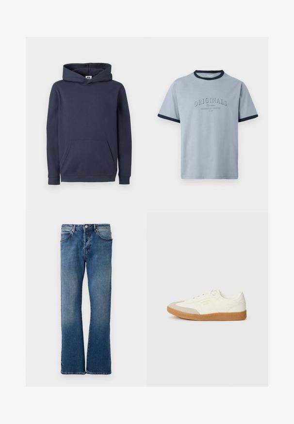 Mørkeblå hættetrøje lavet af bomuldsblanding, med en front-kangaroo lomme og ribbede manchetter og kant. Glat tekstur.; Lyseblå bomulds-T-shirt med navyblå ribkant ved hals og ærmer. Har hævet tekst "ORIGINALS" og "CONTEMPORARY AESTHETICS" i et diskret design.; Lyseblå denimjeans med lige ben-design, der har fem lommer, en knap-lukning og diskret falmning på stoffet.; Sneaker lavet af hvid læder med en beige tåhætte og let brunt gummisål. Har flade hvide snørebånd og prægede branding på siden.