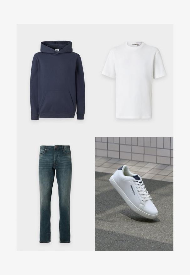 Mørkeblå hættetrøje lavet af bomuldsblanding, med en front-kangaroo lomme og ribbede manchetter og kant. Glat tekstur.; Hvid kortærmet t-shirt i vaffelmønster med rund hals og et lille mærke med brandnavn inde i kraven, vist på en ensfarvet baggrund.; Mørkeblå slim-fit jeans med fem lommer og knaplukning, vist mod en ensfarvet hvid baggrund.; Hvide lædersneakers med lavt design, struktureret overflade, en marineblå hælaccents og en flad gummisål med mønster.