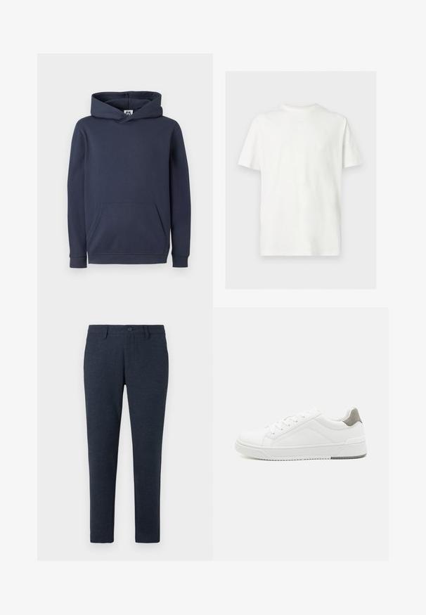 Dunkelblaues Kapuzensweatshirt aus Baumwollmischung, mit einer vorderen Kängurutasche sowie gerippten Bündchen und Saum. Glatte Textur.; Weißes T-Shirt mit kurzen Ärmeln und Rundhalsausschnitt in lockerer Passform auf hellem, einfarbigem Hintergrund.; Dunkelblaue Slim-Fit-Hosen mit Gürtelschlaufen, Frontknopf und vorderen Taschen, auf einem weißen Hintergrund präsentiert.; Weißer Sneaker aus glattem Leder, runde Zehenpartie, minimalistisches Design, graue Fersenkante und strukturierte Gummisohle.