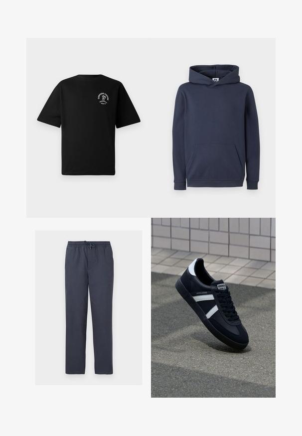 Sweatshirt à capuche bleu marine en tissu mélangé de coton, avec une poche kangourou à l'avant et des poignets et un ourlet côtelés. Texture lisse.; T-shirt noir à manches courtes avec un petit logo blanc sur la poitrine représentant une cafetière et le texte "Cortado Coffee Original 2013."; Pantalon bleu marine à taille élastique avec cordon de serrage, jambes droites, sans poches visibles ni motifs.; Sneaker en cuir noir avec des rayures blanches, semelle en caoutchouc texturée et devant à lacets. Présente une étiquette de marque sur la languette.