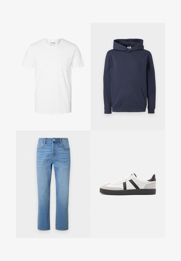 Navy blauwe hoodie gemaakt van een katoenmengsel, voorzien van een voorkant kangaroo zak en ribgebreide manchetten en zoom. Glad van textuur.; Effen wit T-shirt met korte mouwen en ronde hals van biologisch katoen, merk Selected Homme, maat large.; Lichtblauwe denim spijkerbroek met rechte pijpen, voorzakken, riemlussen, knoopsluiting en subtiele vervaging rond de heupen en dijen.; Witte sneaker met zwarte en grijze accenten, voorzien van een grijze neus met textuur, zwarte rubberen zool en platte witte veters. Schoon ontwerp, minimalistische stijl.
