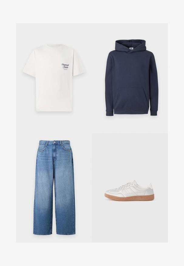 Navy blauwe hoodie gemaakt van een katoenmengsel, voorzien van een voorkant kangaroo zak en ribgebreide manchetten en zoom. Glad van textuur.; Witte katoenen t-shirt met korte mouwen, met een klein marineblauw gedrukt logo op het linkerborstgebied. Klassiek ronde hals ontwerp.; Lichte blauwe denim jeans met wijde pijpen en een licht vervaagde afwerking. Voorzien van een klassiek vijf zakken ontwerp en metalen knoopsluiting.; Zilveren sneakers met een gladde textuur, vetersluiting, geperforeerde accenten en een gestructureerde bruine rubberen zool.