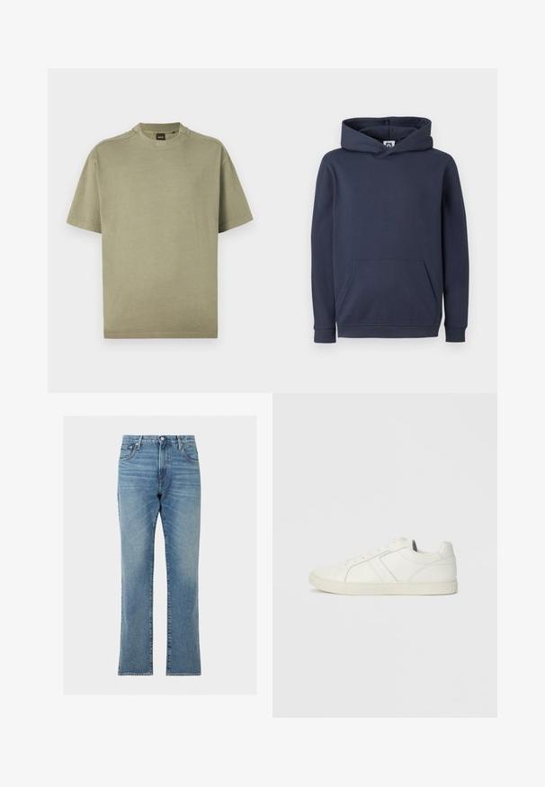 Sudadera con capucha de color azul marino, confeccionada en una mezcla de algodón, cuenta con un bolsillo frontal tipo canguro y puños y dobladillo acanalados. Textura suave.; Camiseta de algodón suave de manga corta en verde oliva con cuello redondo y diseño sencillo, que presenta un logotipo sutil en el escote.; Vaqueros azules de corte recto con bolsillos delanteros y traseros, cierre de botones y trabillas para cinturón.; Zapatilla baja blanca de cuero con cierre de cordones y suela de goma plana, vista desde el lado interno sobre un fondo liso.