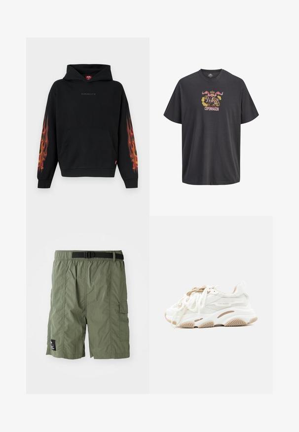 Must kapuutsiga pusa esitaskuga, rinnal diskreetne Oakley logo ja oranži-punaste leegimustritega varrukad mõlemal käel.; Must lühikeste varrukatega T-särk värvikate vintage-stiilis vapi, punaste lippude, kuldmüntide ja tekstiga "Velvet Store Seal of Approval Copenhagen" esiküljel.; Oliivirohelised cargo lühikesed püksid, millel on elastne vöökoht ja must pannal. Omadusteks on küljetasku ja tekstuuriga kangas.; Valged ja beežid Steve Maddeni tossud võrkmaterjalist paneelide ja paksu tallaga, kahepaelalised, taustal hele ühevärviline taust.