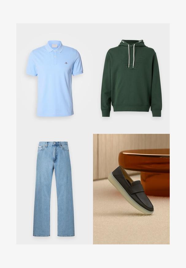 Sweat à capuche vert foncé avec cordons blancs et logo ailé embossé sur la poitrine, manches longues, poignets et ourlet côtelés.; Polo shirt à manches courtes bleu clair en coton, avec une patte de boutonnage à deux boutons et un petit logo brodé sur la poitrine gauche.; Jean en denim bleu clair coupe droite à cinq poches avec fermeture à boutons à la taille, présenté sur un fond uni.; Mocassin en cuir noir avec une semelle blanche épaisse, présenté sur un tapis beige à côté d'une table ronde de couleur ambre.
