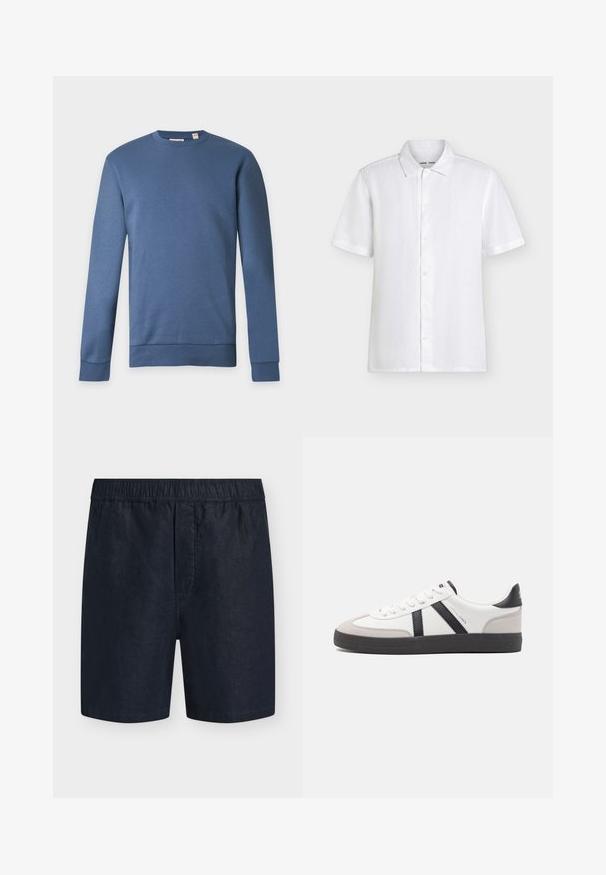 Sweat-shirt bleu à manches longues avec col rond, poignets et ourlet côtelés, présenté sur un fond clair uni.; Chemise blanche à manches courtes avec col, présentée à plat sur un fond clair uni.; Shorts pour homme bleu marine avec taille élastique et sans poches visibles, présentés sur un fond clair uni.; Baskets blanches avec des accents noirs et gris, présentant un embout texturé gris, une semelle en caoutchouc noir et des lacets plats blancs. Design épuré, style minimaliste.
