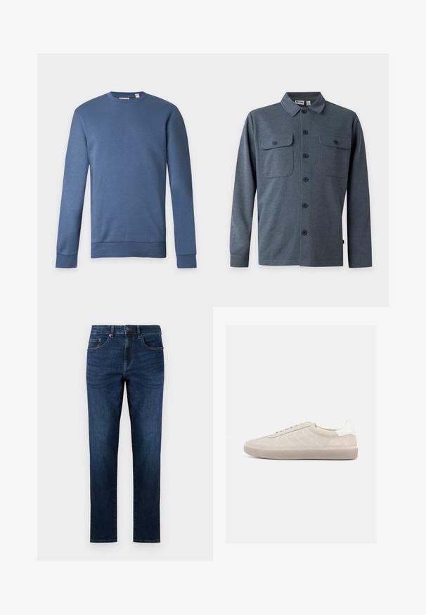 Blauwe sweater met lange mouwen en ronde hals, met geribde manchetten en zoom, getoond tegen een effen lichte achtergrond.; Heren overhemdjack met lange mouwen in donkergrijs met twee voorzakken met klep en zwarte knopen, afgebeeld tegen een witte achtergrond.; Donkerblauwe denim jeans met een rechte pijpdesign, voorzien van vijf zakken, gestikte details en een klassieke knoopsluiting.; Beige suède sneaker met een gestructureerd bovenwerk, een gladde witte hielkap, dunne veters en een rubberen buitenzool. Heeft een slank, laag profiel.