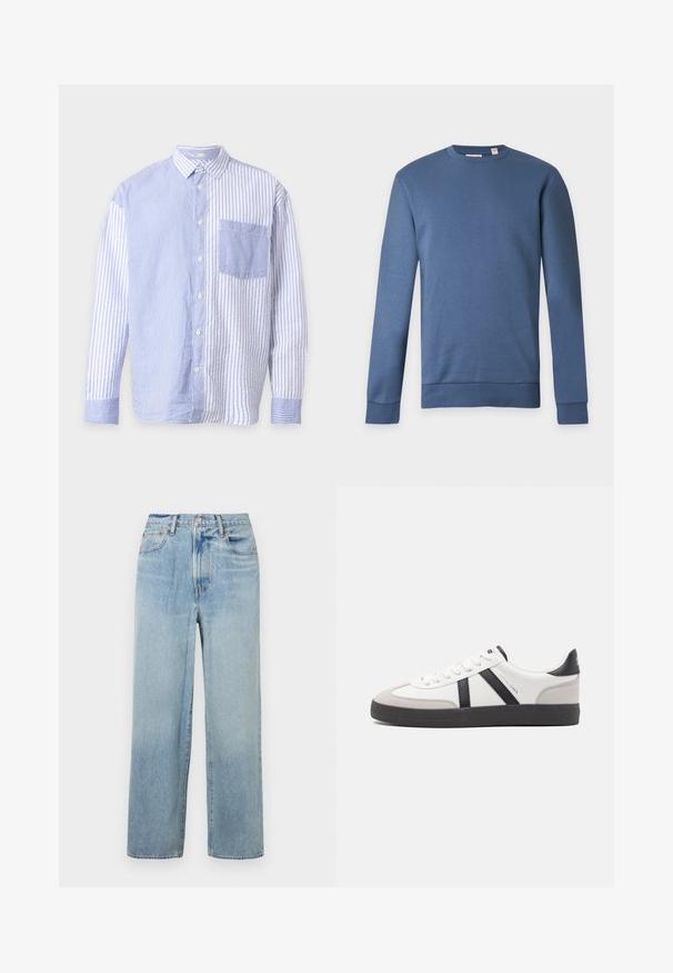 Sweat-shirt bleu à manches longues avec col rond, poignets et ourlet côtelés, présenté sur un fond clair uni.; Chemise bleu et blanc à manches longues boutonnée avec rayures verticales, directions des rayures contrastées de chaque côté et une poche poitrine devant.; Jeans en denim bleu clair, à jambe droite et taille haute, avec cinq poches et une légère décoloration. Ourlet brut et détails de surpiqûres contrastantes.; Baskets blanches avec des accents noirs et gris, présentant un embout texturé gris, une semelle en caoutchouc noir et des lacets plats blancs. Design épuré, style minimaliste.