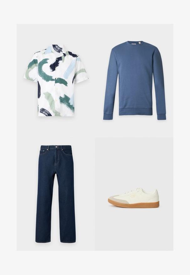 Sweat-shirt bleu à manches longues avec col rond, poignets et ourlet côtelés, présenté sur un fond clair uni.; Chemise à manches courtes boutonnée avec des motifs abstraits de coups de pinceau en vert, bleu, noir et blanc sur fond blanc.; Jean en denim bleu foncé avec une coupe droite, cinq poches et des coutures visibles. Possède un bouton de fermeture et des passants de ceinture.; Baskets en cuir blanc avec une coque beige et une semelle en caoutchouc marron clair. Dotées de lacets blancs plats et d'un logo embossé sur le côté.