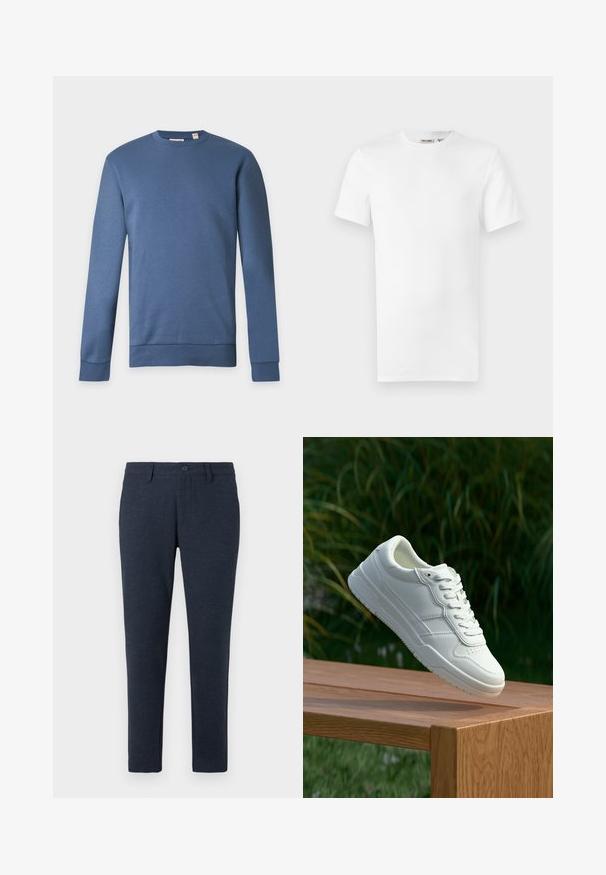 Blå langærmet crewneck-sweatshirt med ribstrikkede manchetter og kant, vist mod en lys ensfarvet baggrund.; Hvid, kortærmet T-shirt med rund hals og et lille brandlabel inde i kraven, vist på en hvid baggrund.; Mørkeblå slim-fit bukser med bælteløkker, frontknap og forlommer, præsenteret på en hvid baggrund.; Hvide lædersneakers med en glat overflade, prydet med perforeret design, klassisk snørering og gummisål, placeret over en træoverflade.