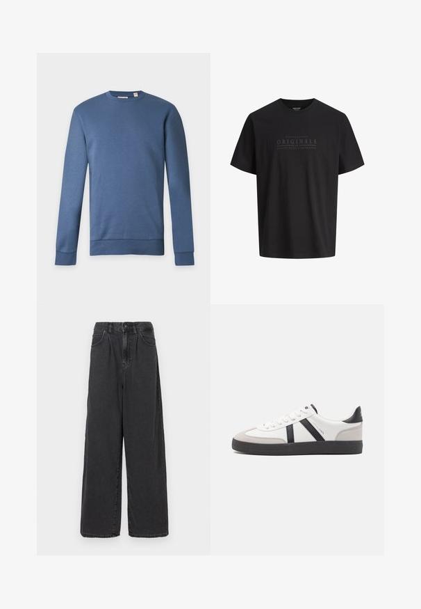 Blå langærmet crewneck-sweatshirt med ribstrikkede manchetter og kant, vist mod en lys ensfarvet baggrund.; Sort T-shirt med korte ærmer og diskret tekst på brystet, hvor der står "Nineteen Ninety Originals, brought to you by Jack & Jones."; Bredde ben, høj talje sorte denimbukser med frontknap og lynlås, der har sidelommer og en glat overflade.; Hvide sneakers med sorte og grå detaljer, med en tekstureret grå tåhætte, sort gummisål og flade hvide snørebånd. Rent design, minimalistisk stil.