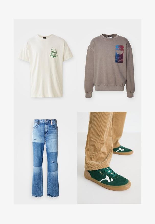 Brun sweatshirt med en crew neckline og lange ærmer. Har et "Star Wars Mandalorian" grafik i blåt og rødt på fronten.; Kortærmet cremet t-shirt lavet af bomuld. Har et grønt "Brooklyn Fruits"-grafik med en kurv fyldt med grøntsager og et lille lastbildesign.; Blå denim jeans med vidde, med et patchwork-design, der har lysere og mørkere nuancer, slidte detaljer og en traditionel fem-lomme-stil.; Grønne svineder sko med hvide accenter og grønne snørebånd. Gummisål, rund tå og tan detaljer på hælen. Båret med fløjl bukser.