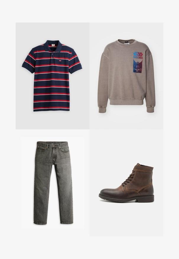Brun sweatshirt med en crew neckline og lange ærmer. Har et "Star Wars Mandalorian" grafik i blåt og rødt på fronten.; Marineblå polo-shirt med røde og hvide vandrette striber, tre-knaps placket og lille Levi's logo på brystet. Blødt bomuldsstof.; Grå denim jeans med lige ben-design, klassisk fem-lomme stil og diskret sømdetaljer på sømme og lommer.; Jack & Jones JFWDELANEY BOOT - Snørestøvletter - cognac