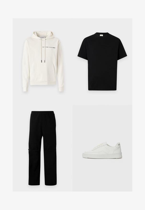 Iceberg Hoodie - vaniglia; Zwarte katoen t-shirt met ronde hals, korte mouwen en rechte snit. Geen zichtbare patronen of hardwaredetails.; Zwarte fleece broek met een elastische tailleband en rechte pijpen. Gedeelte textuur zonder zichtbare patronen of hardware.; Witte leren sneaker met een gladde afwerking, ronde neus, platte veters en een gestructureerde zool. Kenmerkt zich door een subtiel logo op de hiel.