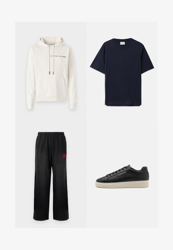 Iceberg Hoodie - vaniglia; Donkerblauwe katoenen T-shirt met korte mouwen, ronde halslijn en een ontspannen pasvorm. Etiket leest "CLOSED" bij de halslijn. Vette textuur.; Zwarte joggingbroek met elastische tailleband en zijzakken. Bevat het rode 'Billionaire Boys Club' logo op de rechterdij. Zachte, gladde textuur.; Zwarte leren sneaker met een gladde afwerking, contrasterende crèmekleurige zool, ronde neus, gouden logo aan de zijkant en zes gaatjes voor veters.