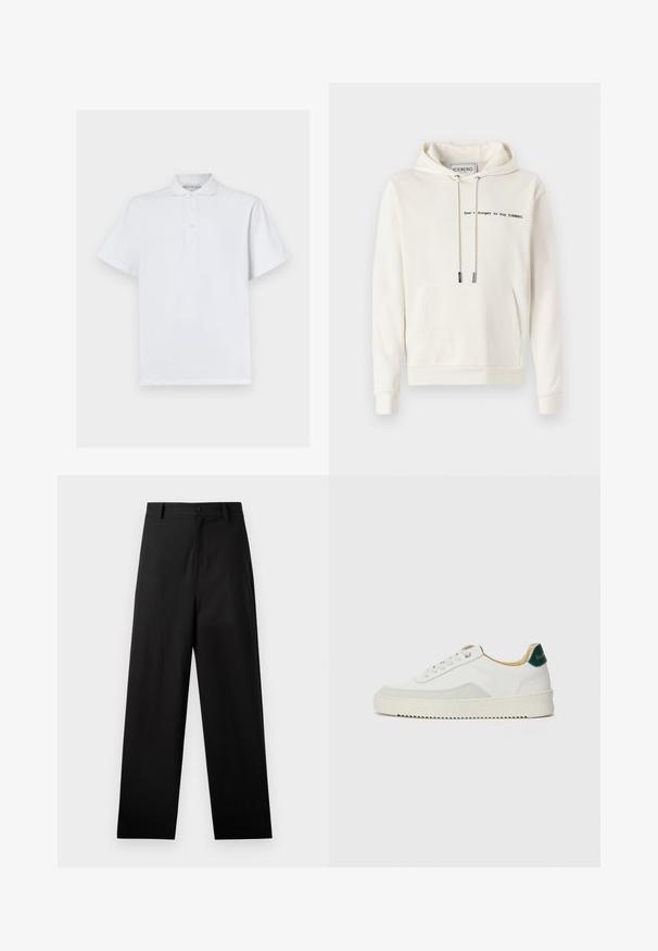 Iceberg Hoodie - vaniglia; Witte polo met korte mouwen, gemaakt van katoen, met een klassieke kraag en een drie-knopssluiting. Soepele textuur, geen patronen.; Zwarte broek van katoen met een rechte pijpdesign, voorzien van een sluiting met een knoop aan de voorkant en zijzakken. Gladde textuur, geen patronen.; Witte sneaker met suède accenten, ronde neus, platte veters en een crème rubberen zool. Bevat groene branding op de hiel.