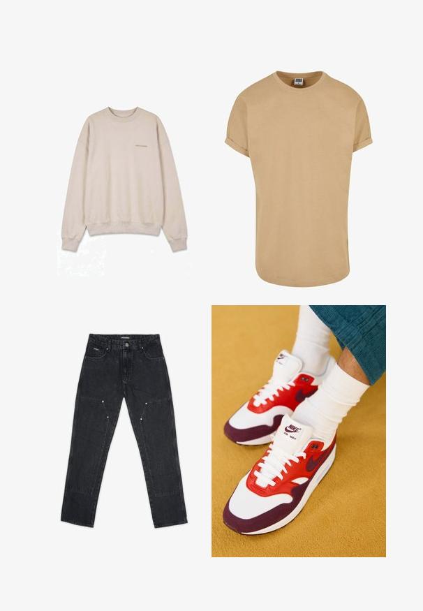 Beigefarbener Pullover mit langen Ärmeln und Rundhalsausschnitt, mit gerippten Bündchen und Saum, mit kleinem aufgedrucktem Text auf der linken Brust.; Beige T-Shirt mit kurzen Ärmeln aus weicher Baumwolle, mit Rundhalsausschnitt und umgeschlagenen Ärmeln, gerader Schnitt mit glatter Textur.; Pegador VINTO CARPENTER - Carpenter Jeans - washed black; Nike Air Max Sneaker mit einem Obermaterial aus weißem Mesh, roten Lederakzenten, lila Wildleder-Details und einer dicken weißen Sohle.