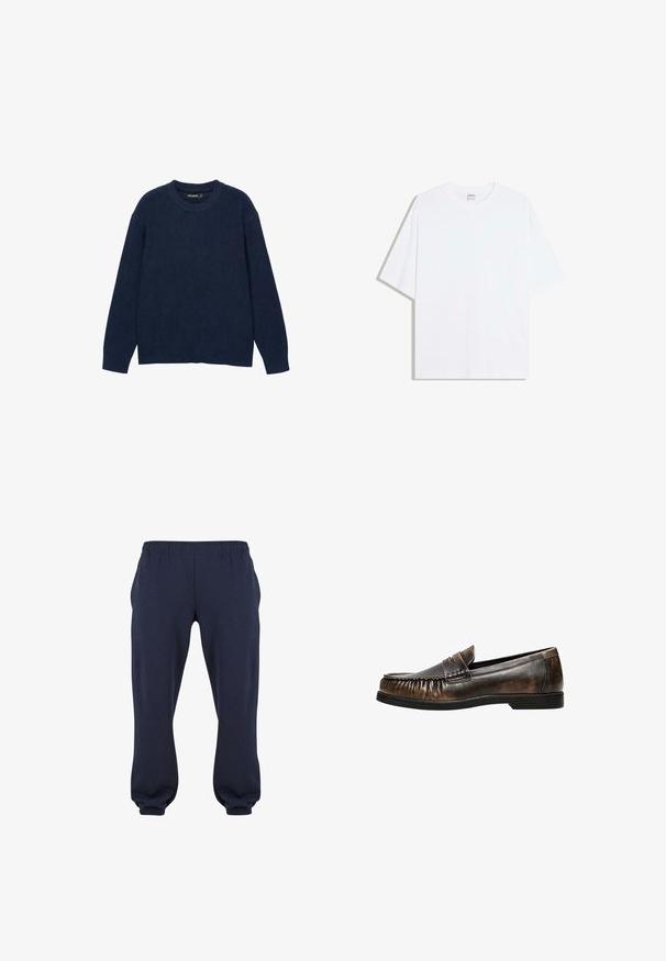 Pull tricoté bleu marine à manches longues avec col rond et poignets et ourlet côtelés, posé à plat sur fond blanc.; T-shirt oversize en coton blanc avec un col rond et des manches courtes ; texture lisse, sans motifs ni accents visibles.; Pantalons de survêtement bleu marine avec une taille élastique et des manches resserrées, fabriqués en tissu doux, sans motifs ni accessoires visibles.; Mocassin homme en cuir marron avec détail de bride penny et semelle noire, présenté de profil sur fond blanc.