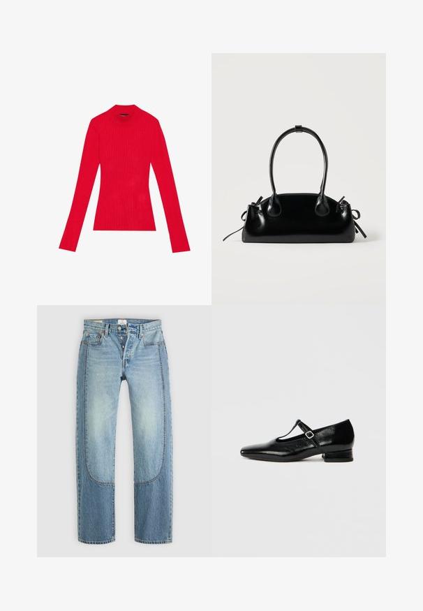 Ribbede røde langærmede turtleneck trøje med en tætsiddende silhuet og høj krave, lavet af blødt, strækbart materiale.; Lyseblå denimjeans med en lige, løs pasform, der har kontrasterende paneldetaljer og en fem-lommer design. Knap-lukning.; Sorte Mary Jane-sko i læder med spids tå, lille blokhæl og justerbar rem med sølvspænde. Glat, blank tekstur.; Lille sort blank håndtaske med to lange håndtag og snøre-detaljer i siden på en ensfarvet lys baggrund.