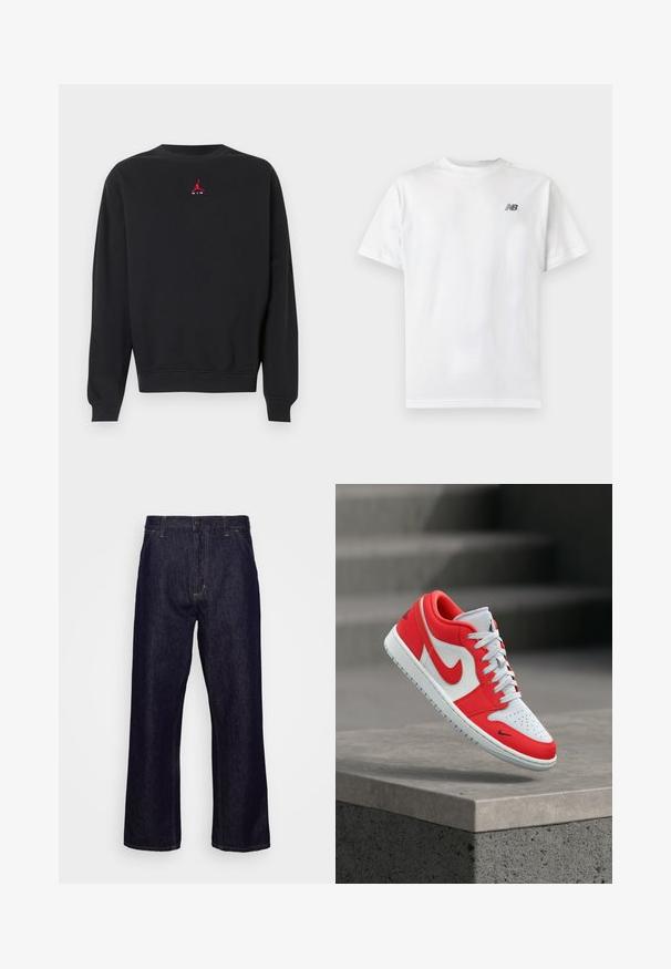 Sort sweatshirt med lange ærmer og rund halsudskæring, med lille rødt Jumpman-logo og hvid "AIR" tekst centreret på brystet.; Hvid t-shirt med korte ærmer og rund halsudskæring med et lille sort New Balance-logo på øverste venstre bryst på en ensartet lys baggrund.; Mørkeblå lige ben denim jeans med forlommer, bæltestropper, lynlås og knaplukning, præsenteret foran en simpel hvid baggrund.; Low-top sneaker i hvid og rød med rød Nike swoosh, hvide snørebånd og perforeret tå, ophængt over en betonrækværk.