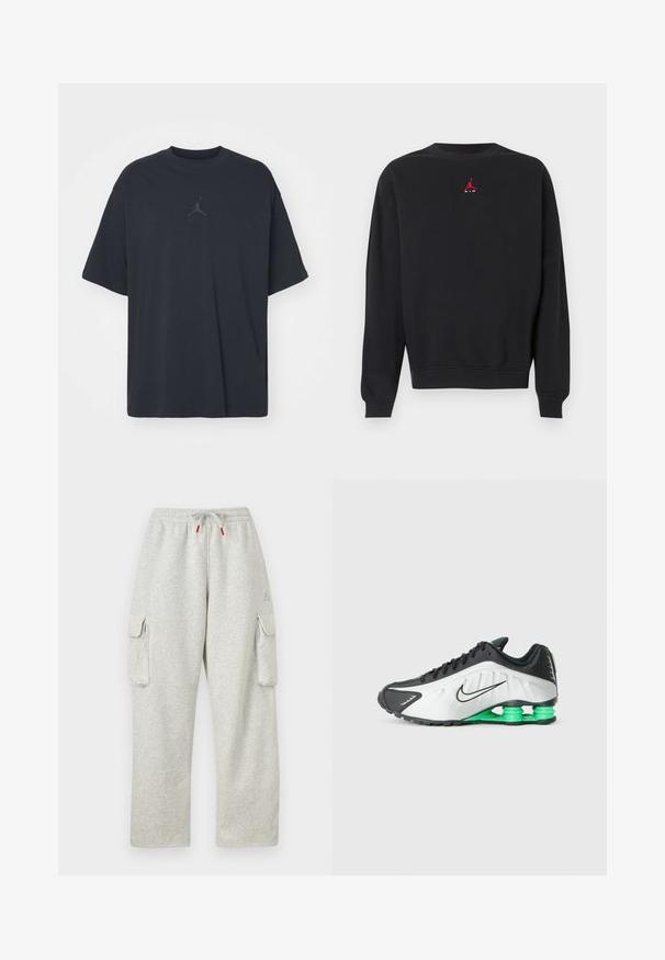 Schwarzes Sweatshirt mit langen Ärmeln und Rundhalsausschnitt, kleinem roten Jumpman-Logo und weißem "AIR"-Text in der Mitte der Brust.; Schwarzes Baumwoll-T-Shirt mit lockerem Schnitt, rundem Hals, kurzen Ärmeln, mit einem dezenten Logo und dem Text "AIR" über dem Logo in der Mitte.; Hellgraue Sweatpants mit elastischem Bund, Kordelzug mit roten Enden und großen Klappentaschen auf beiden Oberschenkeln.; Schwarz-weißer Sportschuh mit grünen Akzenten, der ein elegantes Design, ein strukturiertes Obermaterial und eine markante segmentierte Sohle aufweist.