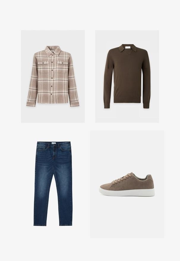 Pull en maille marron foncé à manches longues avec poignets et ourlet côtelés, avec un col et un décolleté en V.; Chemise à carreaux beige et marron avec boutons, manches longues, col pointu et deux poches poitrine boutonnées.; Jean slim-fit bleu foncé avec des détails délavés, design classique à cinq poches, fermeture à bouton et passants de ceinture.; Baskets en daim marron avec des semelles en caoutchouc blanc plat, design lacé, bout rond et texture lisse. Style minimaliste avec des détails de couture subtils.