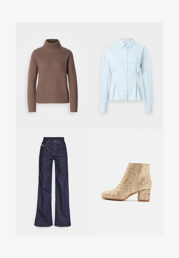 Mos Mosh THYRA HIGHNECK - Strickpullover - braun; Hellblaues Hemd mit Kragen, langen Ärmeln, vorderer Knopfleiste und plissierten Details an der Taille, aus glattem Stoff gefertigt.; Dunkelblaue weite Jeans aus Denimstoff mit hoher Taille, ausgestattet mit orangefarbenen Nähten, fünf Taschen und einem Knopfverschluss.; Goldene Glitzer-Ankle-Boots mit runder Zehenpartie und einem klobigen Absatz. Glatte Textur mit funkelndem Finish, ideal für festliche Anlässe.