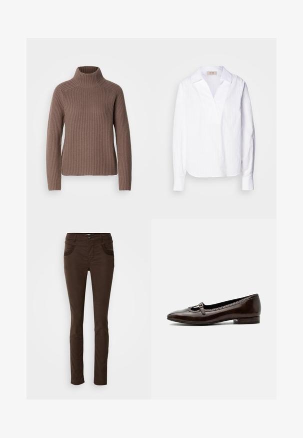 Mos Mosh THYRA HIGHNECK - Pullover - braun; Chemise blanche à manches longues en tissu texturé léger, dotée d'un décolleté en V, d'un col surdimensionné et de fines rayures verticales.; Pantalons marron ajustés en tissu mélangé coton. Présente des poches avant avec des coutures décoratives, une fermeture à bouton et une texture lisse.; Chaussure Mary Jane en cuir verni brun foncé à talon bas, bout arrondi et petite bride à boucle sur le dessus.