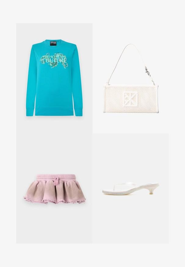 Lyseblå turkis sweatshirt med lange ærmer, ribbede manchetter og teksten "Versace Jeans Couture" med grønt paisleymønster på forsiden.; Rosa bomuldsnederdel med en samlet design, der har en frynset kant og elastisk talje med en dekorativ kvast.; Klar, lavhælet, hvid sandal med en tynd rem over foden og en lille kittenhæl på en ensfarvet baggrund.; Hvid rektangulær mesh-håndtaske med en enkelt rem og et kvadratisk dekorativt emblem foran.