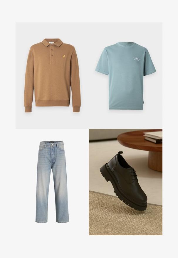 Hnedá polokošeľa na zips s dlhými rukávmi, s golierom, trojkovou légou a malým žltým vyšívaným logom na hrudi.; Jack & Jones PREMIUM Printed - Tričko s potlačou - goblin blue; Svetlomodré denimové džínsy so strihom rovného nohavice, vybledlý vzhľad, päť vreciek a zapínanie na gombík v páse.; Čierna kožená topánka s textúrovaným povrchom, okrúly špička, viazanie a hrubá čierna gumová podrážka. Pláva nad tkaným kobercom.