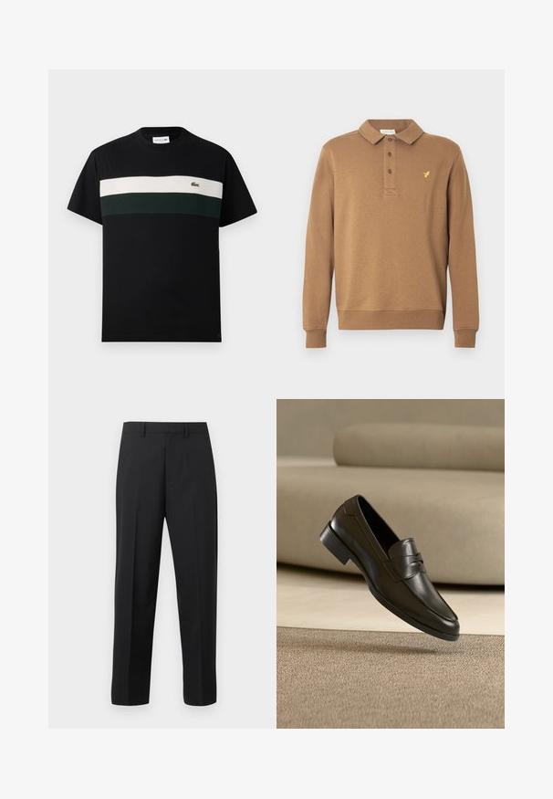Hnedá polokošeľa na zips s dlhými rukávmi, s golierom, trojkovou légou a malým žltým vyšívaným logom na hrudi.; Čierne tričko vyrobené z bavlny s okrúhlym výstrihom, s horizontálnym pruhom v krémovej a tmavozelenej farbe cez hruď a malým logom.; Čierne rovné spoločenské nohavice s opaskovými očkami, predným záhybom a zipsom na bielom pozadí.; Čierna kožená mokasína plávajúca nad béžovým kobercem s béžovou pohovkou v pozadí, predstavujúca klasický pánsky dizajn na nazúvanie.