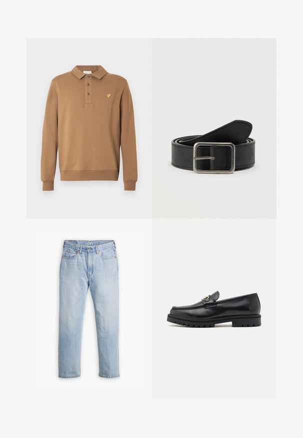 Brun poloskjorte med lynlås og lange ærmer, med krave, tre-knaps stolpelukning og en lille gul, broderet logo på brystet.; Lysblå denimjeans med lige bendesign, fem lomme stil og kontrastsyet. Knap- og lynlåslukning i taljen.; Sorte læder loafers med en glat finish, rund tå, en dekorativ rem med guldhardware og en robust sort sål.; Sort læderbælte med en sølvfarvet metalspænde, der har en glat tekstur og et enkelt, klassisk design.