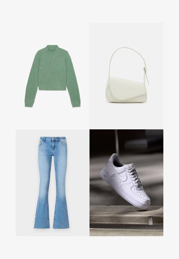 Mintgroen turtleneck sweater gemaakt van een pluizig materiaal, met lange mouwen en een korte zoom, met een zachte, textuurachtige afwerking.; Lichtblauwe uitlopende jeans van denim met een middellange taille, voorzien van zijzakken en stiksels langs de naden en zoom.; Witte Nike Air Force 1 sneaker die zweeft boven een betonnen oppervlak met schaduwen in een minimalistische setting.; Witte nepleren handtas met een gestructureerde driehoekige vorm, een enkele verstelbare schouderriem en een klep met ronde accenten.