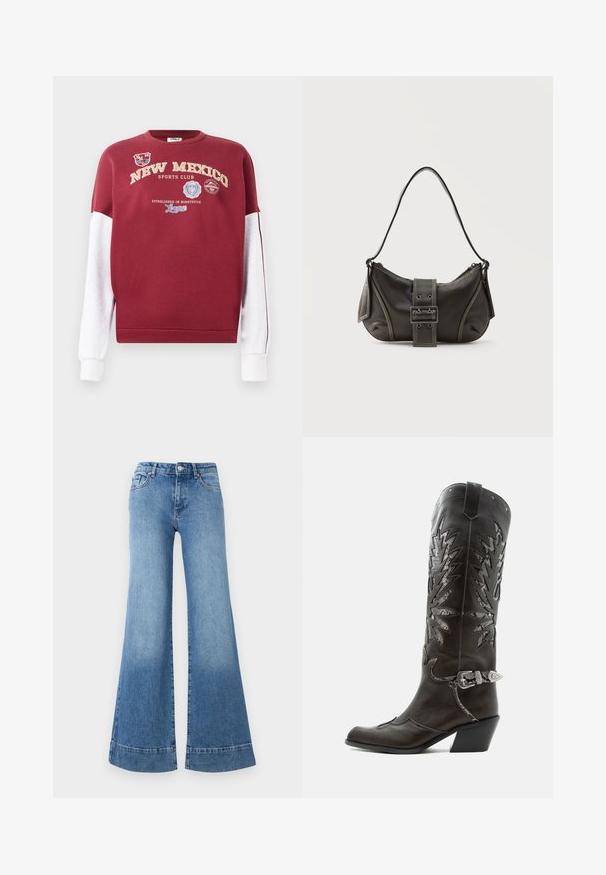Bordeaux sweatshirt met witte mouwen, met de tekst "New Mexico Sports Club" en verschillende logo's. Katoenen materiaal; ribgebreide manchetten en zoom.; Lichtblauwe denim flared jeans met een hoge taille, wijd uitlopende benen en een lichte vervaging. Heeft een klassiek vijf-pocket ontwerp en een metalen knoopsluiting.; Zwarte leren cowboylaars met decoratieve uitsnijdingen, zilveren gesp en schuine hak, weergegeven op een witte achtergrond.; Zwarte leren schoudertas met gespsluiting aan de riem, afgeronde hoeken en contrasterende witte stiksels op een effen achtergrond.