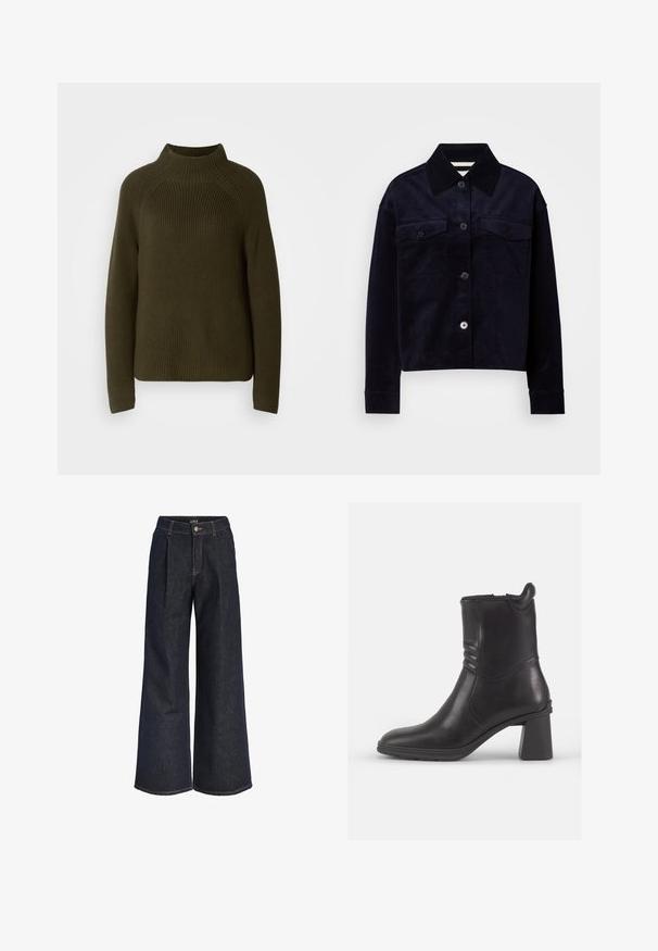Mørk olivenfarvet sweater med høj krave, ribbede tekstur og lange ærmer. Har en afslappet pasform og sømløst skulderdesign.; Mørkeblå kordfløjlsjakke med stor spids krave, knaplukning foran og to klapbrystlommer med knapper.; Mørkeblå vidde jeans i denim med plisseringer, knaplukning og bæltestropper, vist mod en hvid baggrund.; Sort læder ankelstøvle med rund tå, teksturerede sidepaneler og en kraftig blokhæl. Glat overflade og minimalistisk design.