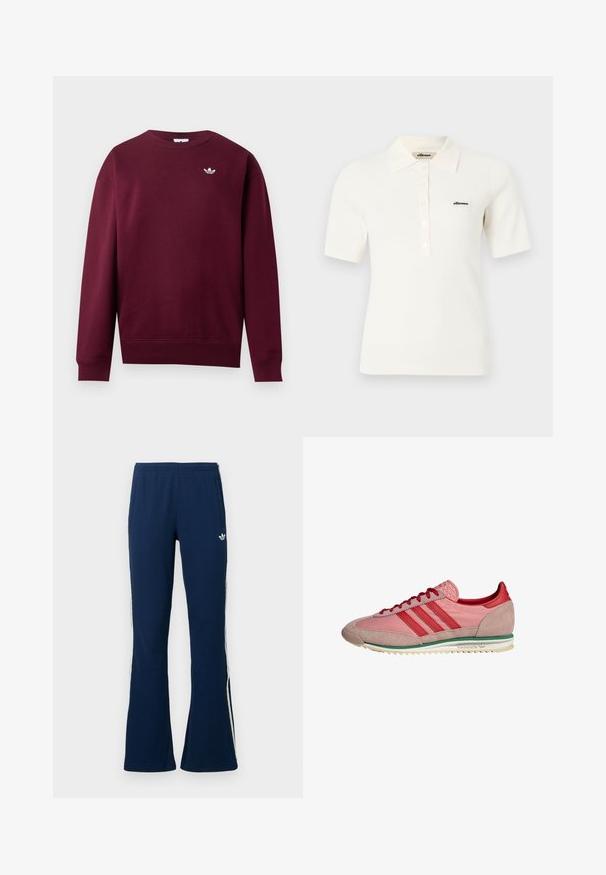 Dunkelroter Langarm-Sweatshirt mit Rundhalsausschnitt, gerippten Bündchen und Saum, mit kleinem weißem Adidas Trefoil-Logo auf der linken Brust.; Weißes, kurzärmeliges, geripptes Poloshirt mit Kragen und Knopfleiste, mit kleinem schwarzem "ellesse"-Logo auf der linken Brust.; Marineblaue, gerippte, ausgestellte Trainingshosen mit weißen Seitenstreifen und einem gestickten Logo auf der linken Seite, ausgestattet mit zwei Seitentaschen.; Pink-rote Adidas-Sneaker mit Wildleder an Zehen- und Fersenpartie, roten Schnürsenkeln, grünem Streifen über der weißen Sohle, seitlich betrachtet.