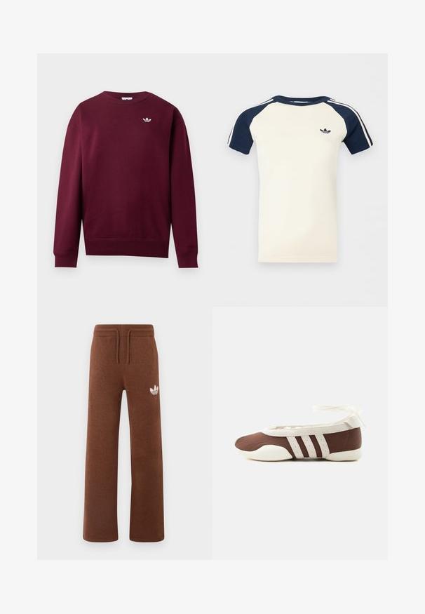 Vinrød sweatshirt med rund hals og lange ærmer med ribkanter ved manchetter og kant, med lille hvid Adidas trefoil-logo på venstre bryst.; Kortærmet cremefarvet skjorte med marineblå raglanærmer, hvide striber på ærmerne og et lille sort Adidas-logo på brystet.; Brune sweatpants i blødt stof med en afslappet pasform, der har en elastisk talje, snørre og et hvidt logo på venstre lår.; Brun og hvid balletflad sko med tre hvide striber og ankelbånds sløjfe på en ensartet lys baggrund.