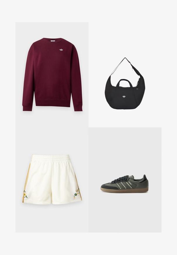 Sweat-shirt bordeaux à manches longues avec col rond, poignets et ourlet côtelés, avec un petit logo blanc Adidas trefoil sur la poitrine gauche.; Shorts de sport couleur crème avec des rayures latérales dorées et de petites fleurs brodées vertes, jaunes et blanches près de l'ourlet des deux côtés.; adidas Originals SAMBA OG - Baskets basses - core black/legend earth/gum; Sac Adidas noir en forme de croissant avec double poignée et bandoulière réglable, affichant le logo blanc Adidas trefoil au centre avant.