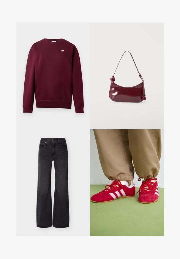 Bordeauxrode trui met lange mouwen en ronde hals, met geribde boorden en zoom, met een klein wit Adidas trefoil-logo op de linkerborst.; Zwarte wijde pijpen jeans met hoge taille, voorste knoopsluiting, ritssluiting, riemlussen en vijfzakkenontwerp op een effen achtergrond.; Rode suède sportschoenen met witte strepen, vlakke rubberen zool en rode veters. Draag met beige broeken, gepositioneerd op een groene ondergrond.; Kleine glanzende donkerrode schoudertas met een gebogen bovenzijde en decoratieve ronde kralen aan de uiteinden van de band.
