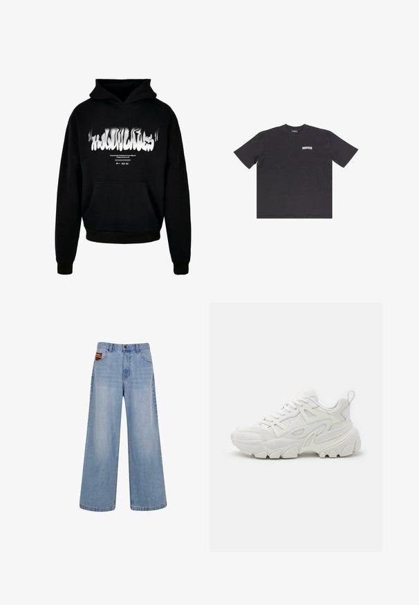 Sort hættetrøje lavet af bomuld, med en frontlomme, ribbede cuffs og kant, samt en hvid forvrænget tekstgrafik på brystet.; Sort bomulds oversized t-shirt med korte ærmer, rund halsudskæring og hvid "DROPSIZE" tekst på forsiden. Glat tekstur, afslappet design.; Lyseblå vide jeans med høj talje og en lille farverig vævet detalje, der stikker frem fra den højre forlommer.; Hvide atletiske sneakers med en struktureret overdel, netpaneler, fremtrædende gummisål og dekorative udsparinger på siden.