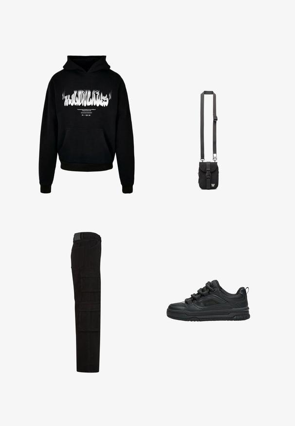 Schwarzer Hoodie aus Baumwolle, mit einer Vordertasche, gerippten Bündchen und Saum, sowie einem weißen verzerrten Text-Graphic auf der Brust.; Schwarze Cargohose mit mehreren großen Überschlagtaschen, Gürtelschlaufen und geradem Beinanschnitt, seitlich dargestellt.; Schwarzer Low-Top-Sneaker mit dicker Sohle, gepolstertem Kragen, Mesh-Einsätzen und kräftigen Schnürsenkeln, dargestellt vor weißem Hintergrund.; Schwarze Stoff-Crossbody-Tasche mit verstellbarem Riemen, Klappe vorne und Reißverschlusstasche. Mit gebrandeten Beschlägen und kompaktem rechteckigem Design.