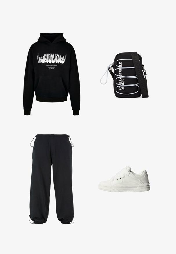 Zwarte hoodie van katoen, met een voorzak, ribgebreide manchetten en zoom, en een wit verstoord tekstgrafiek op de borst.; Zwarte sweatpants gemaakt van zachte stof, met een losse pasvorm, elastische boorden en koordjes in de taille voor verstelbare maat.; Witte sneakers met een gladde leren buitenkant, een gevoerde tong, platte veters en getextureerde accenten aan de zijkanten en hiel.; Zwarte crossbodytas met witte elastische koorden, zilveren hardware en de tekst "KARL LAGERFELD JEANS" in het wit aan de voorkant, voorzien van een brede zwarte band.