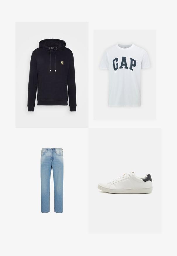 Schwarze Kapuzenjacke aus weichem Material, mit einer Fronttasche, Kordelzug-Kapuze und einem kleinen Logo-Patch auf der Brust.; GAP EVERYDAY SOFT BASIC LOGO - T-Shirt print - white global; Hellblaue Jeans mit geradem Bein, Vordertaschen, Gürtelschlaufen und Knopfleiste, vor weißem Hintergrund präsentiert.; Weiße Leder-Sneaker mit abgerundetem Zeh, flacher Gummisohle, seitlichen Nahtdetails und einem kontrastierenden dunklen Fersenakzent. Schnürsenkel mit metallischen Ösen.