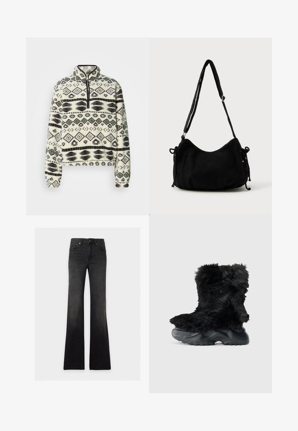 Fleece trui met halve rits, voorzien van een geometrisch zwart-wit patroon, afgeronde kraag en elastische manchetten. Zacht, gestructureerd oppervlak.; Zwarte high-waist flare jeans met voorzakken, riemlussen, knoopsluiting en een vervaagd was-effect.; Zwarte harige enkelboot met een textuur bovenwerk, uitgerust met een dikke zwarte rubberen zool en een geprofileerd patroon voor grip en stabiliteit.; Zwarte corduroy schoudertas met een gebogen vorm, een verstelbare schouderband en trekkoordsluitingen aan beide zijkanten voor maataanpassing.